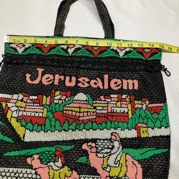 Jerusalem Beaded Handmade Vintage Tote Bag Purse Black Double Handle Israel - Picture 6 of 10